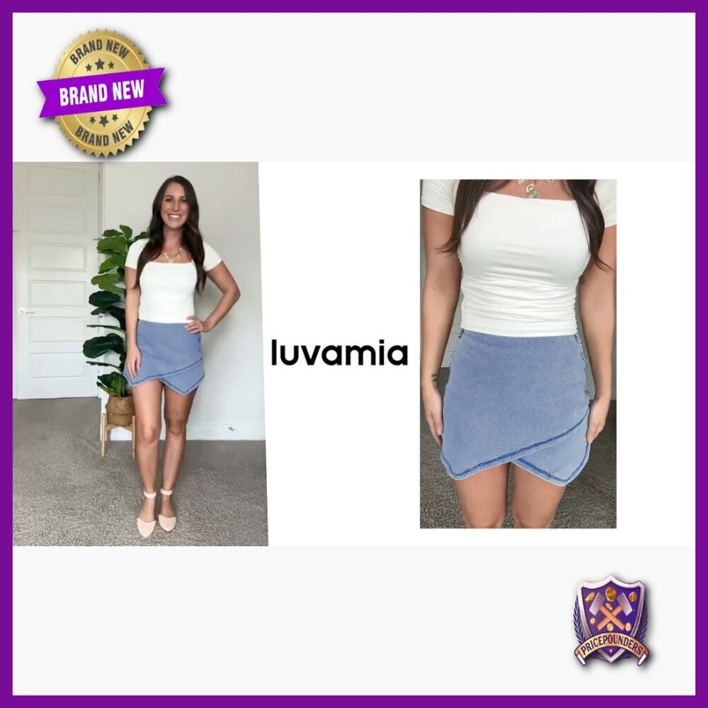 High Waisted Denim Skort Pull On Stretchy Wrap Asymmetrical Skirt Shorts - Picture 7 of 7